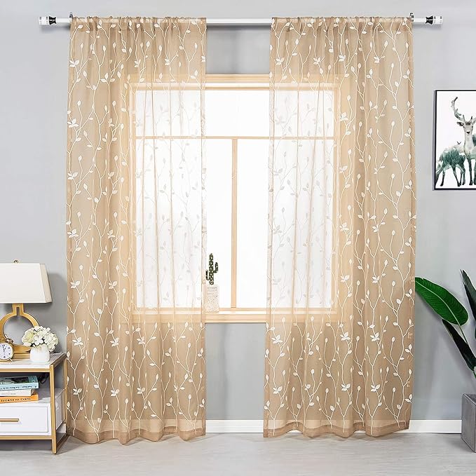 AmHoo 2 Panels Embroidered Leaf Pattern Semi Sheer Curtains Foliage Floral Voile Window Draperies Treatment for Bedroom Living Room Rod Pocket Beige 53 x 95 Inch