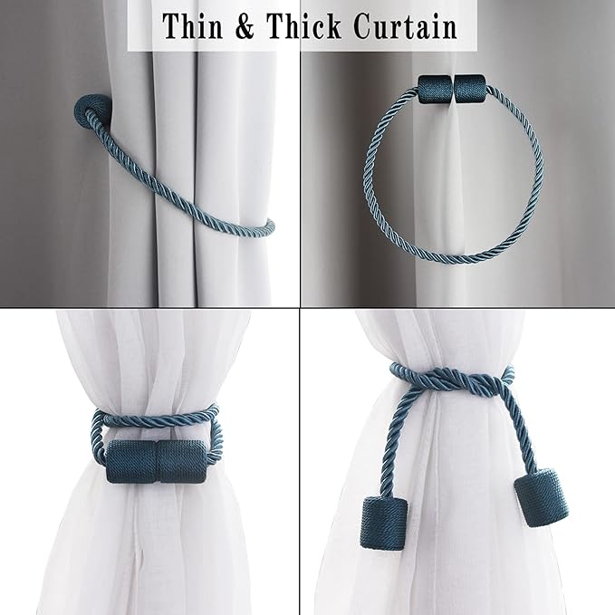 6 Pack Blue Strong Magnetic Curtain Tiebacks Outdoor Elegant Decorative Tie Backs Modern Rope Tiebacks for Drapes Window Curtain Holdbacks for Draperies