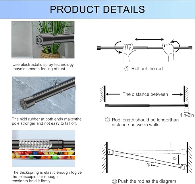 AIZESI Spring Tension Rods Adjustable Tension Curtain Rod Small Tension Rod No Drilling Expandable Spring Loaded Curtain Tension Rod（Black,18" to 28"-4Pcs)