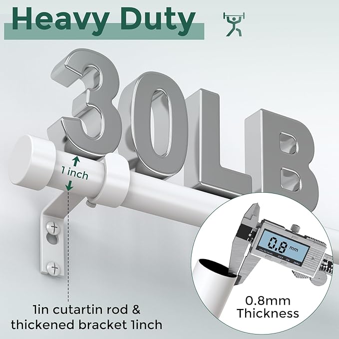 White Curtain Rods for Windows 36 to 176 Inch(3-14 Feet),1" Diameter Rods with Modern Style End Cap Finials,Size:36-176 Inch