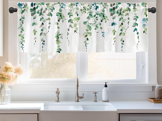 2 Pack Watercolor Green Leaves Window Valance for Bedroom Living Room, Spring Leaf Vine Plant Curtains Valanes for Windows, 3" Rod Pocket Window Treatment for Home Decorations, 54 x 18 Inch, 2 Pcs