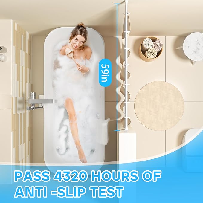AIZESI Shower Rod 34-59 Inch - Non-Slip, No Drill spring curtain tension rod Never Rust Adjustable Tension Curtain Rod, White Shower Curtain Rod