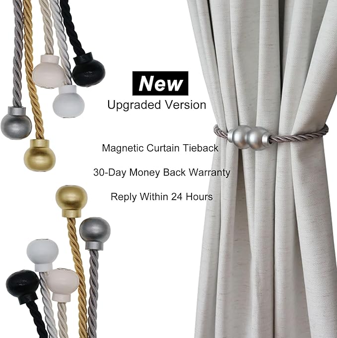 6 Pack Magnetic Curtain Tiebacks Modern Handmade Rope Curtain Tie Backs Decorative Drapes Weave Holdbacks for Home Outdoor Bedroom Office Decorative Curtain, Grey