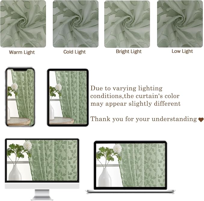 Chyhomenyc Sage Green Sheer Curtains 30 Inch Length, Light Filtering Leaf Tufted Textured Small Window Kitchen Curtain Over Sink, Short Half Window Curtains for Bathroom Basement, 30"Wx30"L, 2 Panels