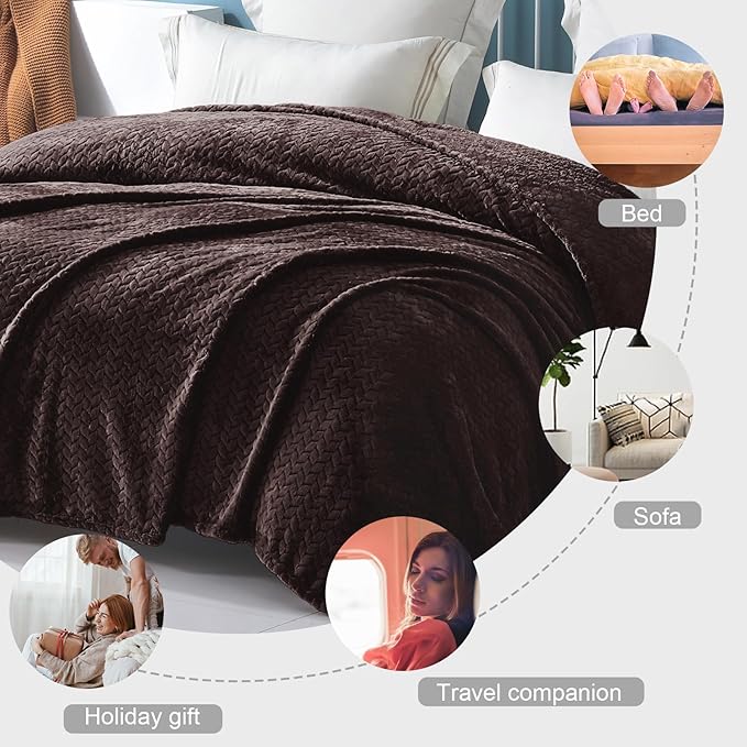 Exclusivo Mezcla Fleece King Size Blanket for Bed, 90x104 Inches Soft Cozy Jacquard Flannel Blankets, Lightweight Fuzzy Plush Warm for Women, Coffee