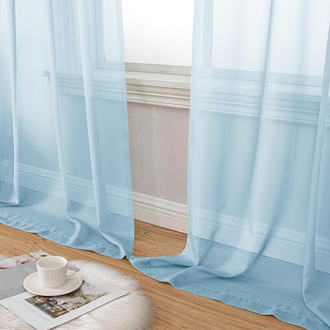 Aiyufeng 2 Pack: Basic Sky Blue Sheer Curtain Drapes 90 Inch Length 2 Panels for Living Room, Light Filtering Voile Drapes for Bedroom, Patio, Sliding Door, Each 42" W x 90" L
