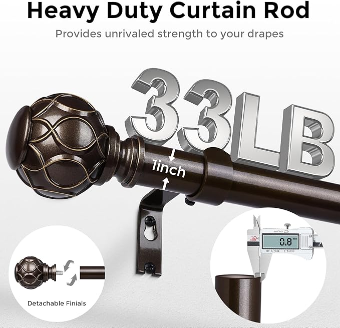 2 Pack Bronze Curtain Rod, Heavy Duty 1 Inch Decorative Curtain Rods for Windows 30 to 56 Inch, Single-Side Adjustable Vintage Rustic Antique Brown Drapery Pole with Netted Texture Finials