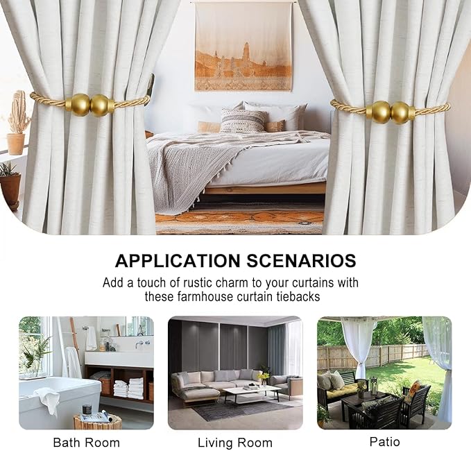 2 Pack Magnetic Curtain Tiebacks Modern Handmade Rope Curtain Tie Backs Decorative Drapes Weave Holdbacks for Home Outdoor Bedroom Office Decorative Curtain, Gold