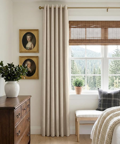 100% Blackout Shield Linen Blackout Curtains for Bedroom, Natural Flax Grommet Curtains for Living Room, Thermal Insulated Room Darkening Drapes for Nursery, Boho Home Decor, 50" W x 96" L, 2 Panels