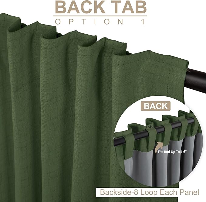 100% Blackout Shield Linen Blackout Curtains for Bedroom 96 Inches Long, Back Tab/Rod Pocket Living Room Drapes, Thermal Insulated Blackout Curtains 2 Panels Set, 50" W x 96" L, Moss Green