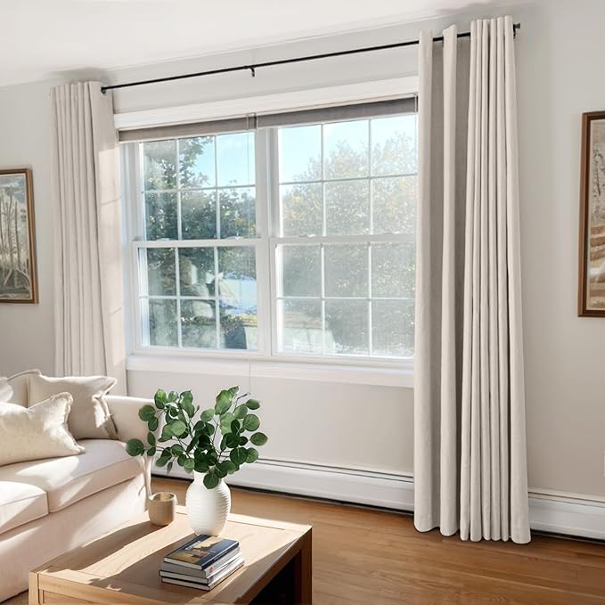 100% Blackout Shield Linen Blackout Curtains for Bedroom, Beige Grommet Curtains for Living Room, Thermal Insulated Room Darkening Drapes for Nursery, Boho Home Decor, 50" W x 96" L, 2 Panels