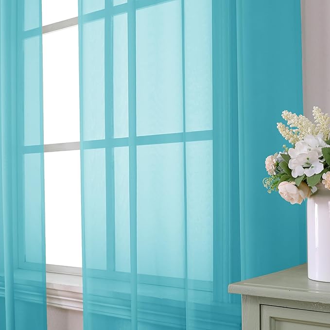Aiyufeng Turquoise Sheer Curtains 96 Inches Long 2 Panels Set, Light Filtering Soft Airy Voile Rod Pocket Turquoise Sheer Window Drapes for Bedroom Living Room, Each 42Wx96L Inches
