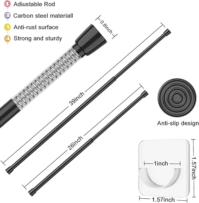 2 Pack Tension Rods Spring Tension Curtain Rod, 26 to 39 Inch Adjustable Black Tension Rod, Small Curtain Rods Spring Loaded Curtains Tension Rods for Window, Bathroom, Cupboard, Kitchen, Home