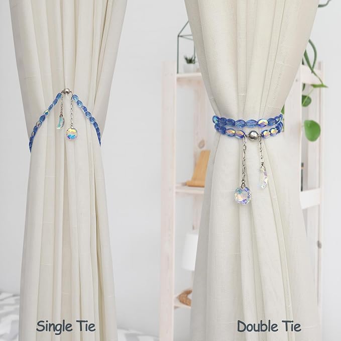 PEDOBO Magnetic Curtain Tiebacks, 2 Pack Crystal Beaded Sun & Moon Pendants Sheers/Draperies Holdbacks for Window Home Office Decor (Blue)
