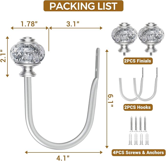 2 Pack Silver Curtain Holdbacks, USFOOK Decorative Drapery Tiebacks (2 Pack/1 Pair), Curtain Tie Back Hooks for Wall with Translucent Finials (6.1" L x 4.1" W)
