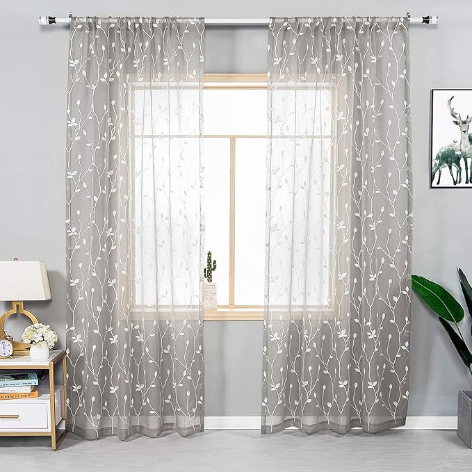 AmHoo 2 Panels Embroidered Leaf Pattern Semi Sheer Curtains Foliage Floral Voile Window Draperies Treatment for Bedroom Living Room Rod Pocket Light Gray 53 x 95 Inch
