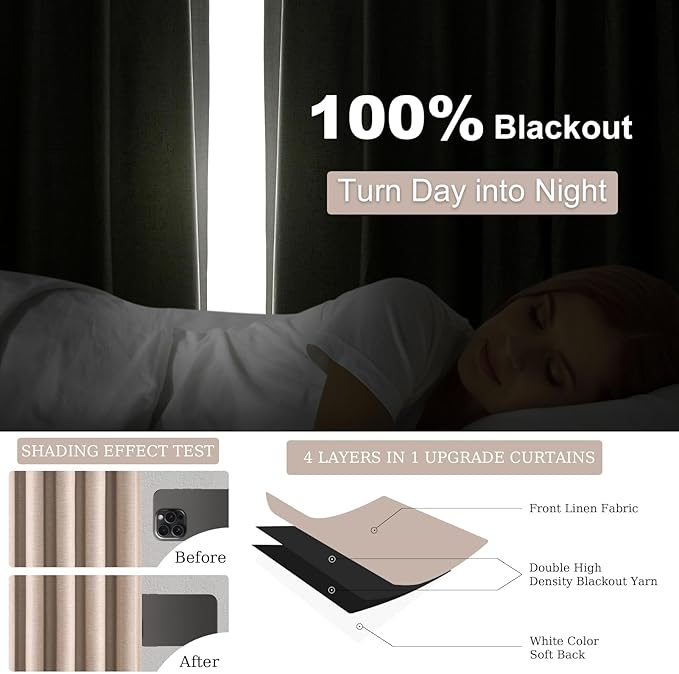90 inch long linen Blackout curtains 2 Panels 100% Black out Linen texture Curtain Window Drapes with Back Tab Rod Pocket Light Blocking Thermal Insulated Curtains for Bedroom Living Room Beige