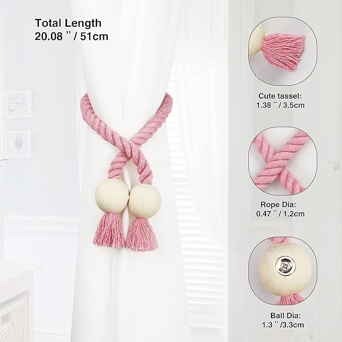4 Pack Magnetic Curtain Tiebacks Cotton Hand Woven Tie Back Decorative Rope Holdbacks for Curtains Draperies No Tools Required, Pink