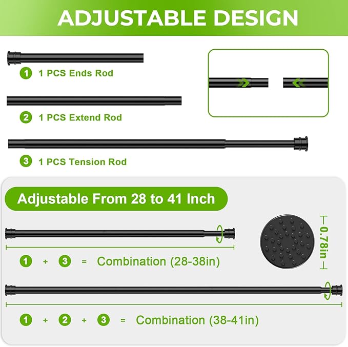 2 Pack No Drill Tension Curtain Rods 28 to 41 Inch Black Small Curtain Rod Adjustable No Drilling for Window,Kitchen,Closet,Doorway,Bedroom