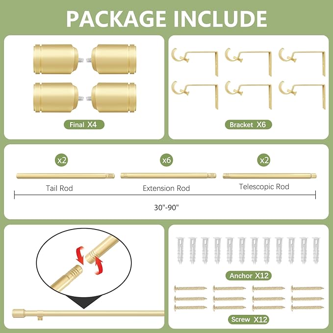 5/8” Diameter Curtain Rods 30-90 Inch, for 30-84 Inch Windows, Adjustable Splicing Gold Curtain Rods for Windows with Brackets, Window Rod Long Small Curtains Rod, 2 Pack