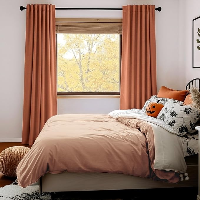 100% Blackout Shield Linen Blackout Curtains for Bedroom 96 Inches Long, Back Tab/Rod Pocket Living Room Drapes, Thermal Insulated Blackout Curtains 2 Panels Set, 50" W x 96" L, Burnt Orange
