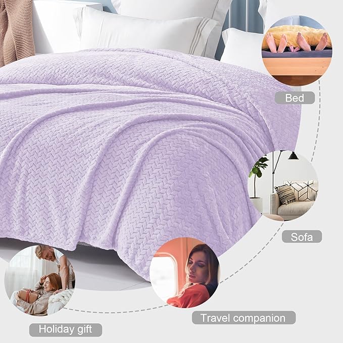 Exclusivo Mezcla Fleece Queen Size Blanket for Bed, 90x90 Inches Soft Cozy Jacquard Flannel Blankets, Lightweight Fuzzy Plush Warm for Women, Lilac Purple