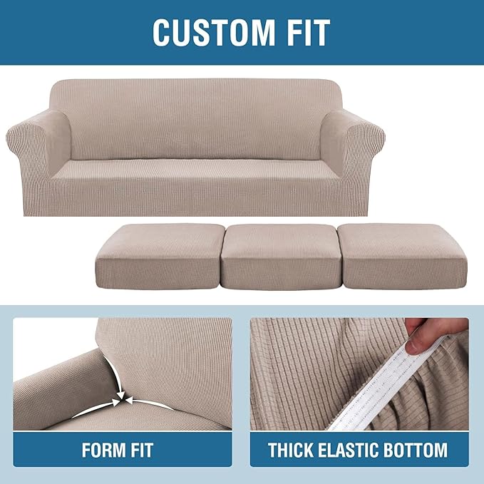 4 Piece Stretch Sofa Covers for 3 Cushion Couch Covers Furniture Slipcovers (1 Base Cover Plus 3 Seat Cushion Covers) Thicker Jacquard Fabric Cover (XL Sofa, Khaki Sand)