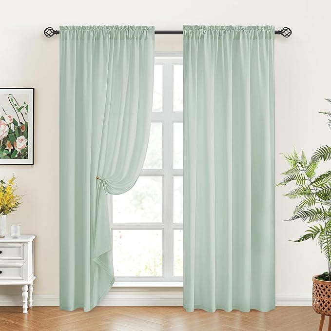 HOMEIDEAS Non-See-Through Sage Green Privacy Sheer Curtains, 52 X 96 Inches Long 2 Panels Sheer Curtains Light Filtering Window Drapes for Bedroom Living Room