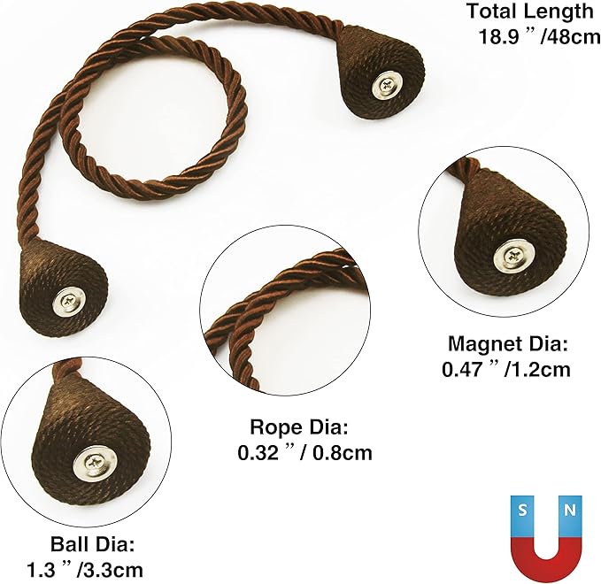 4 Pack Magnetic Curtain Tiebacks Rope Modern Handmade Curtain Tie Backs Decorative Drapes Weave Holdbacks for Window Décor, Coffee