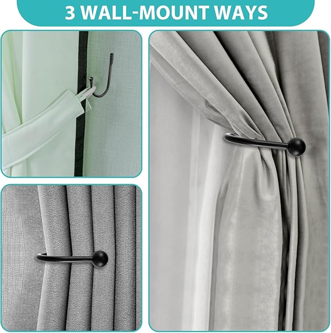 8 Pcs Curtain Tie Backs Curtain Wall Hooks Black Curtain Holdbacks U Shaped Curtain Pull Backs Black Metal Decorative Curtain Hooks for Drapes Wall Mounted Curtain Tie Holders Come with Screws