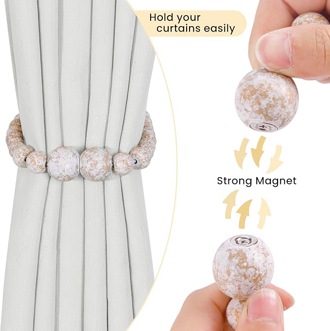 Magnetic Curtain Tiebacks, 2 Pack Curtain Holdbacks for Draperies, Wood Bead Curtain Tiebacks, Elegant Curtain Tie Backs for Bedroom Decor, Boho Room Decor, Nursery Decor, Farmhouse Decor