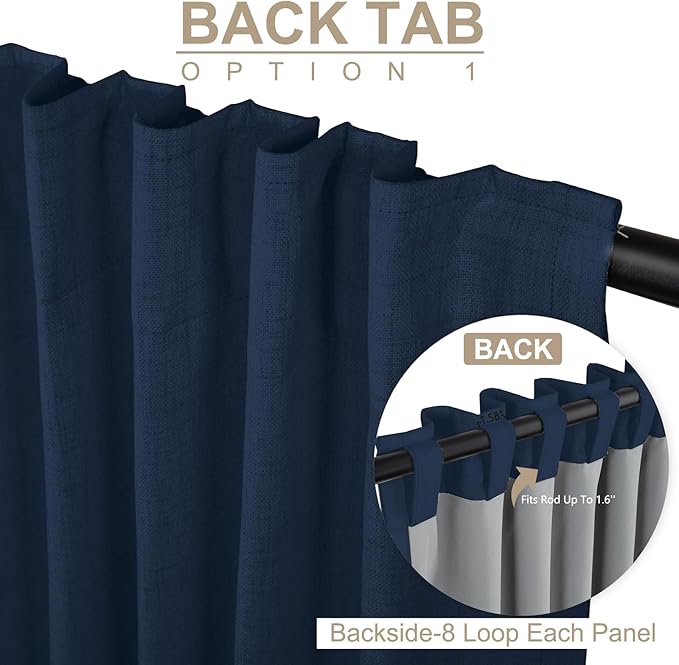 100% Blackout Shield Linen Blackout Curtains for Bedroom 96 Inches Long, Back Tab/Rod Pocket Living Room Drapes, Thermal Insulated Blackout Curtains 2 Panels Set, 50" W x 96" L, Midnight Blue
