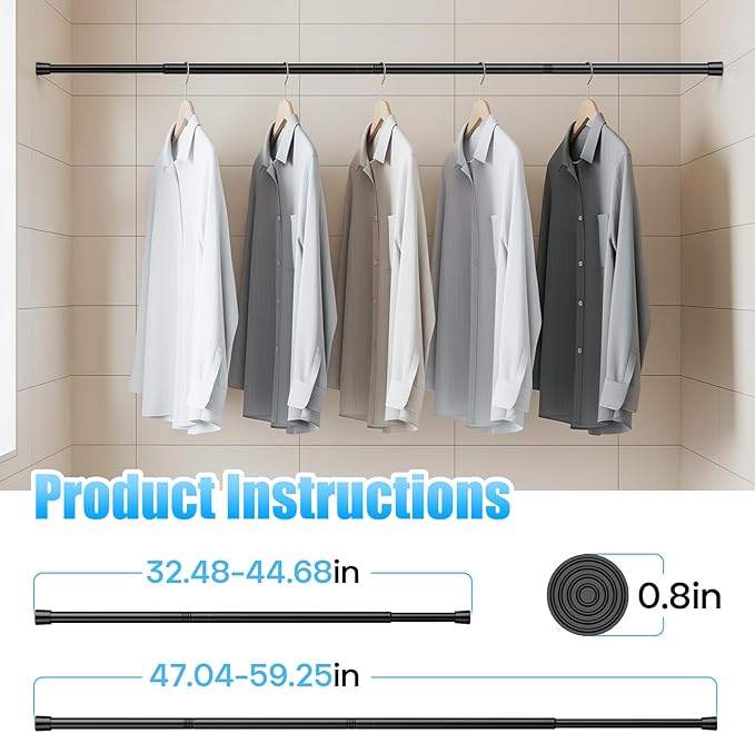 AIZESI 2pcs Adjustable Curtain Rod No Drilling Black Spring Tension Rod Adjusting Length 31 to 54 Inch Small Expandable Loaded Curtain Rods for Windows, Cupboard, Kitchen Cabinets,Bathroom