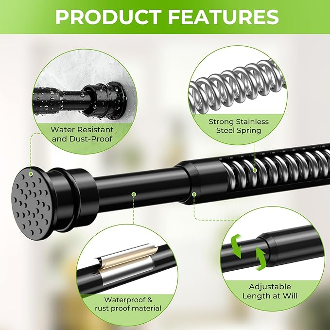 2 Pack Spring Tension Rods 28-48 Inches No Drill Tension Curtain Rods Black Spring Loaded Curtain Rods Adjustable Small Short Tension Curtain Rod for Window,Kitchen,Doorway,Cupboard,Wardrobe