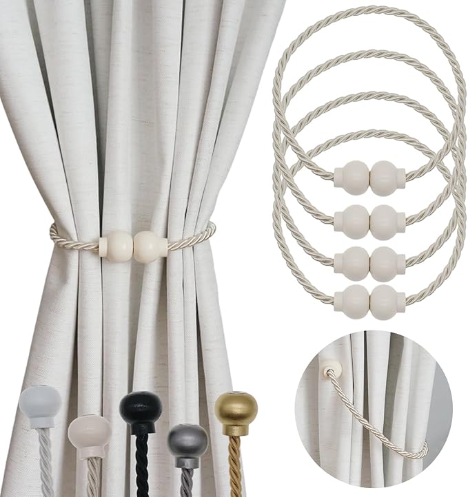 4 Pack Magnetic Curtain Tiebacks Modern Handmade Rope Curtain Tie Backs Decorative Drapes Weave Holdbacks for Home Outdoor Bedroom Office Decorative Curtain, Beige