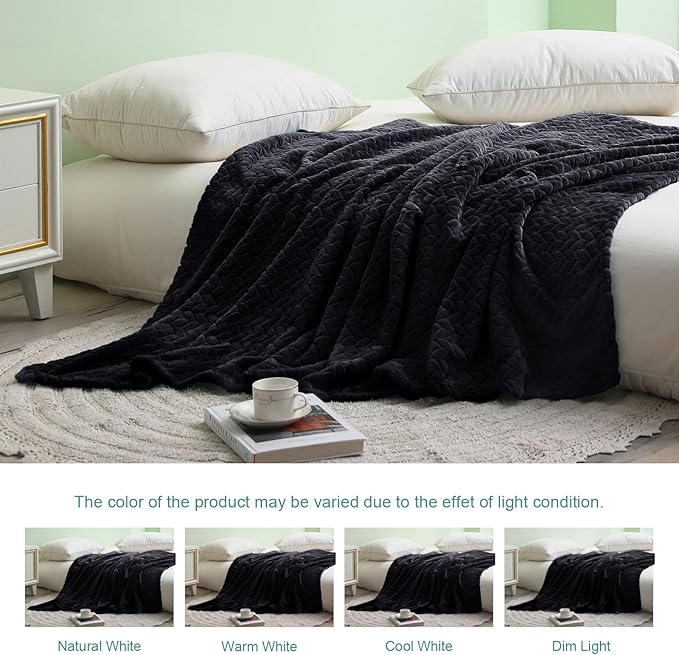 Exclusivo Mezcla Fleece Throw Blanket for Couch and Bed, 50x70 Inches Soft Cozy Jacquard Flannel Blankets, Lightweight Fuzzy Plush Warm Throws for Women, Black