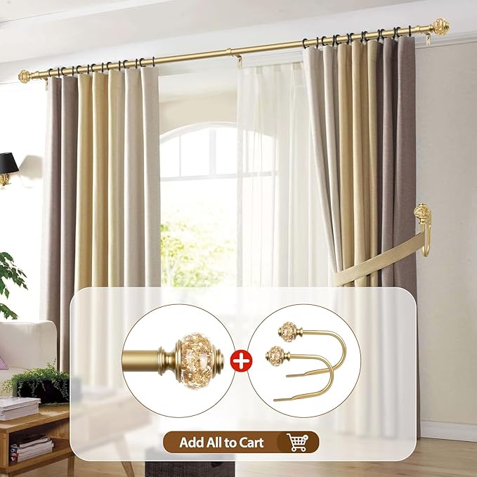 2 Pack Curtain Rod 32 to 58 Inches (2.6-4.8ft), USFOOK 7/8 Inch Telescoping Splicing Curtain Rods for Windows 20 to 54 Inch, Luxury Gold Decorative Drapery Rods for Home with Translucent Finials