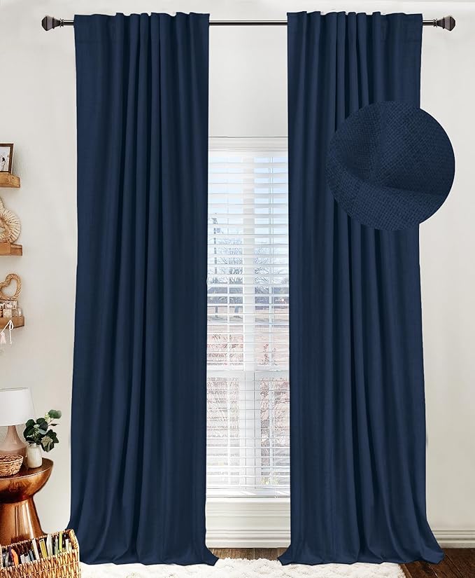 100% Blackout Shield Linen Blackout Curtains for Bedroom 90 Inches Long, Back Tab/Rod Pocket Living Room Drapes, Thermal Insulated Blackout Curtains 2 Panels Set, 50" W x 90" L, Midnight Blue