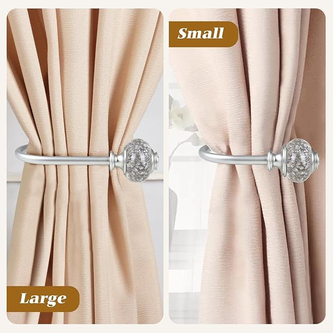 2 Pack Silver Curtain Holdbacks, USFOOK Decorative Drapery Tiebacks (2 Pack/1 Pair), Curtain Tie Back Hooks for Wall with Translucent Finials (6.1" L x 4.1" W)