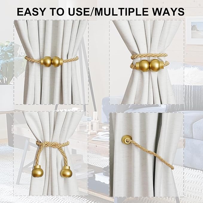 2 Pack Magnetic Curtain Tiebacks Modern Handmade Rope Curtain Tie Backs Decorative Drapes Weave Holdbacks for Home Outdoor Bedroom Office Decorative Curtain, Gold