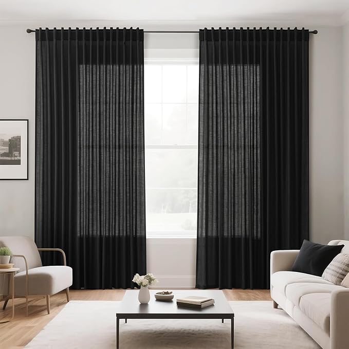 Balck Sheer Linen Curtains 94 inch Length for Bedroom Back Tab Rod Pocket Modern Farmhouse Muslin Look Cotton Textured Black Window Curtains 94 inches Long for Dining Room Living Office 2 Panels