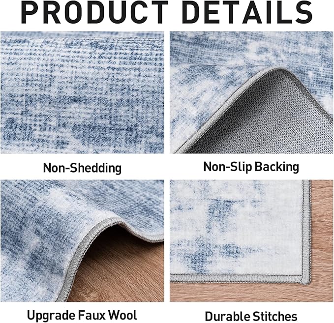 6x9 Area Rugs Washable Rug: Large Modern Abstract Living Room Rug Soft Anti-Skid Thin Carpet Indoor Floor Non-Shedding Carpets for Bedroom Dining Room Farmhouse Nursery Home Office Blue White