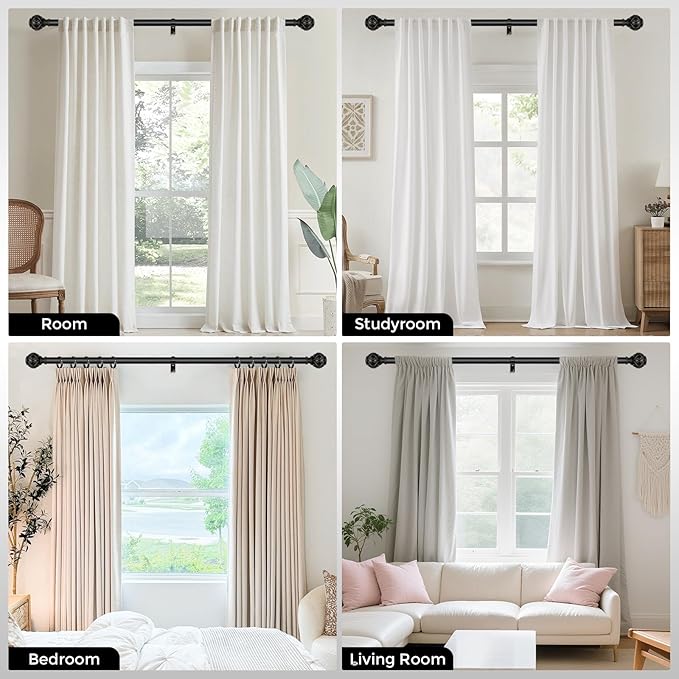 2 Pack Black Curtain Rod, Heavy Duty 1 Inch Decorative Curtain Rods for Windows 30 to 56 Inch, Single-Side Adjustable Vintage Rustic Matte Black Drapery Pole Set with Netted Texture Finials