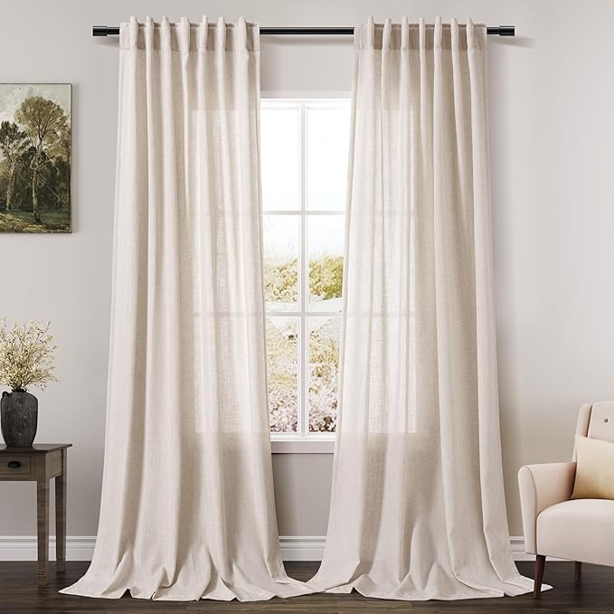 Beige Linen Curtain 96 inches Long for Living Room Back Tab Neutral Vintage Country Rustic Farmhouse Curtain Burlap Textured Canvas Cloth Look Linen Drapes 96 inch Length for Dinning Room Bedroom 8 FT