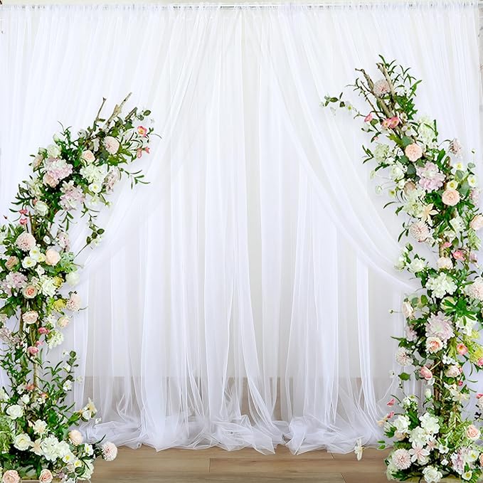 10ft x 12ft White Tulle Backdrop Curtain for Parties Sheer Fabric Backdrop Curtains for Wedding Baby Shower Bridal Shower Birthday Photo Backdrop Drapes Background Wall Decorations 2 Panels 5ft x 12ft