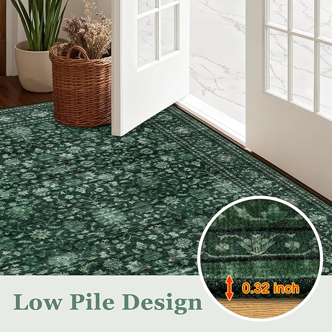 3x5 Area Rugs Living Room Rug: Washable Vintage Distressed Floral Rug No Slip Stain Resistant Soft Carpet Indoor Large Carpets for Bedroom Dining Room Farmhouse Nursery Home Office Deep Green