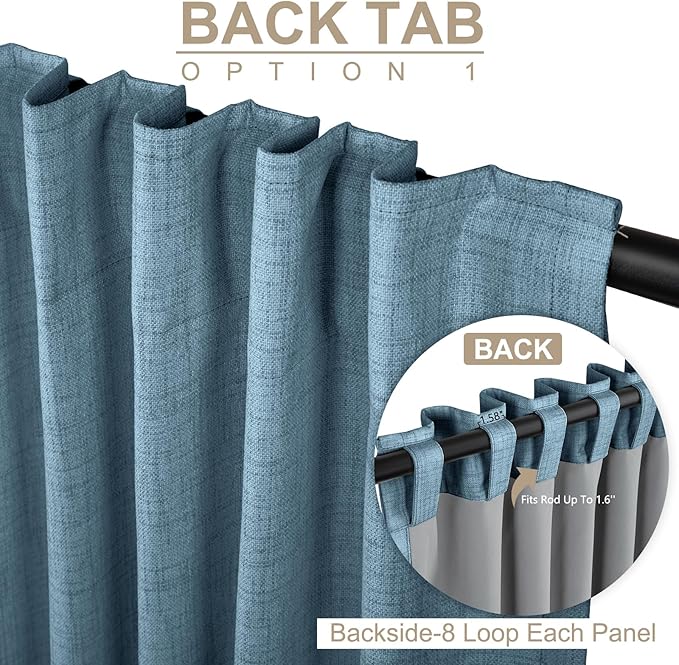 100% Blackout Shield Linen Blackout Curtains for Bedroom 96 Inches Long, Back Tab/Rod Pocket Living Room Drapes, Thermal Insulated Blackout Curtains 2 Panels Set, 50" W x 96" L, Stone Blue