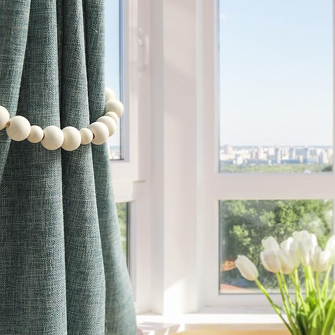 4 Pcs Wood Bead Curtain Tiebacks Curtain Ties Curtain Holdbacks Curtain Tie Back Window Treatment with Hooks for Home Wall Holiday Decoration (Wood Color, 4)