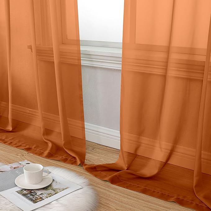 Aiyufeng Orange Sheer Curtains 72 Inch Length 2 Panels Set, Light Filtering Airy Rod Pocket Orange Window Curtain Treatment Drapes for Kitchen Bedroom Living, Each 42Wx72L Inches