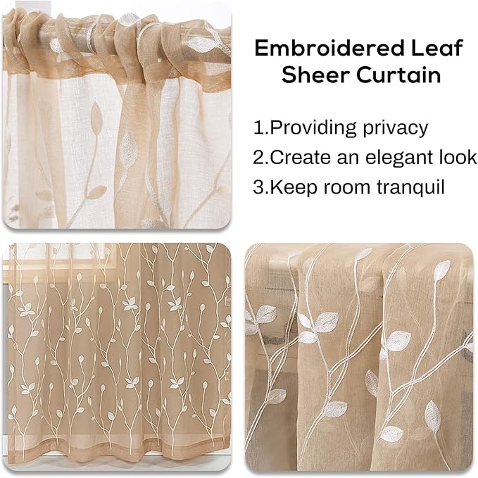 AmHoo 2 Panels Embroidered Leaf Pattern Semi Sheer Curtains Foliage Floral Voile Window Draperies Treatment for Bedroom Living Room Rod Pocket Beige 53 x 95 Inch